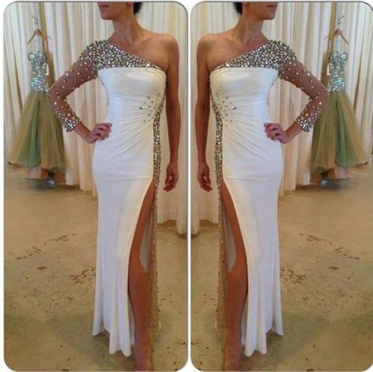 white prom dress, long prom dress, beaded prom dress, one shoulder prom dress, side slit evening dress, BD383