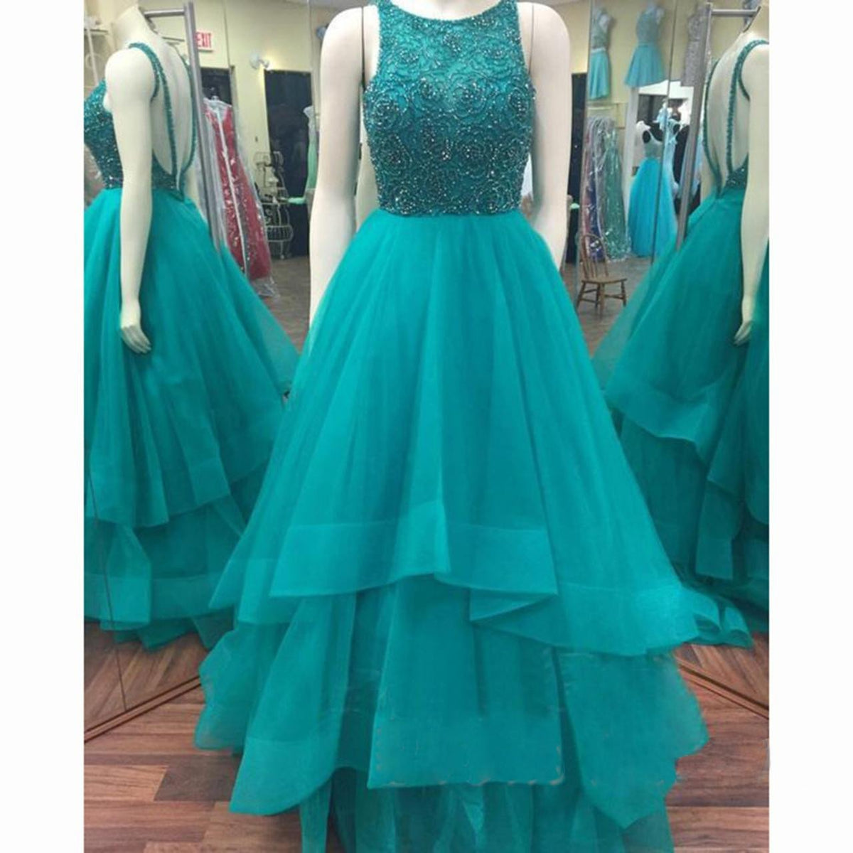 charming Turquosice beaded tulle A-line long prom dress, PD1368