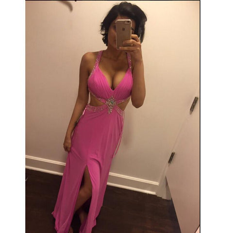 hot pink sexy side slit chiffon backless formal evening dresses, PD1268