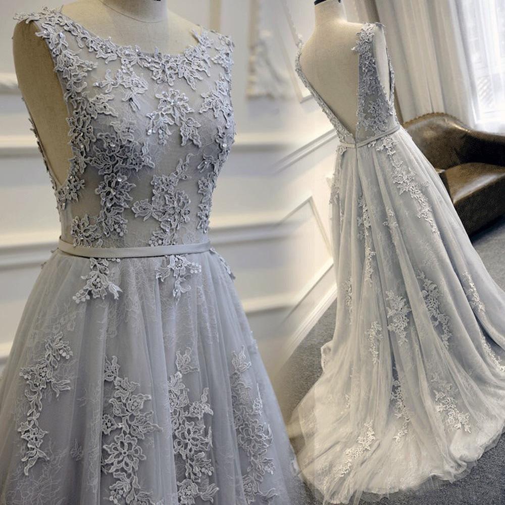 lace prom dress, grey blue prom Dress, A-line prom dress, long prom dress, prom dress, BD394