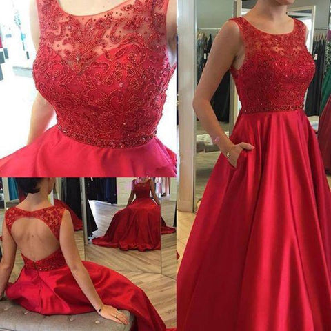 open back red satin A-line beaded top long prom dress, PD5455