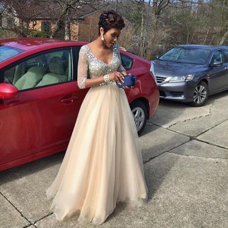 tulle prom dress, v-neck prom dress, charming prom dress, long sleeves prom dress, formal evening gown, BD76