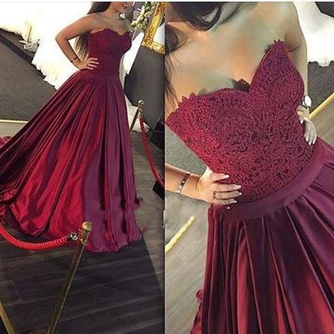 burgundy prom dress, long prom dresses, A-line prom dress,evening gown, sweetheart prom dress, BD389