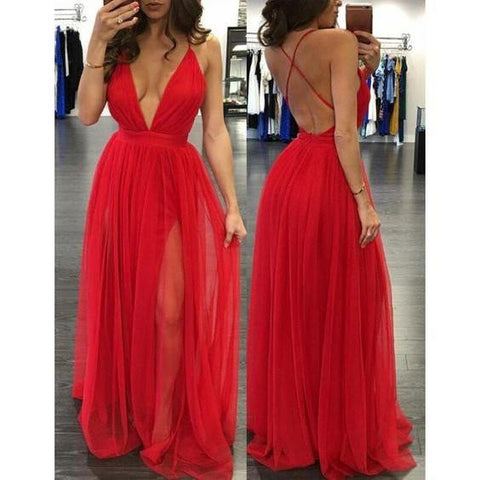 red prom dress, long prom dress, sexy prom dress, side slit prom dress, open back evening dress, BD5227