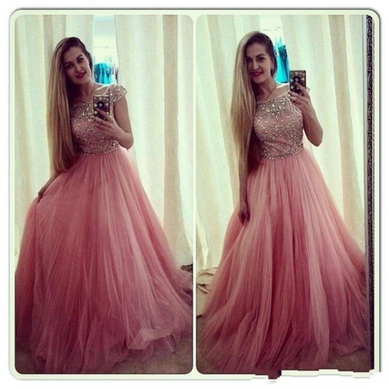 formal cap sleeves pink tulle beaded top A-line long prom dress, PD6528