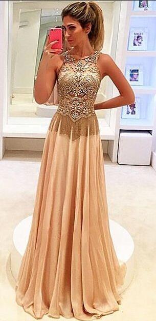 elegant round neck chiffon beaded long prom dress, PD6795
