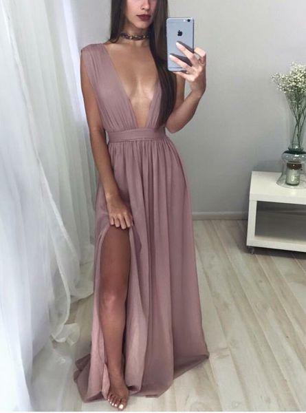 dusty purple sexy deep v-neck chiffon side slit long prom dress, PD9977