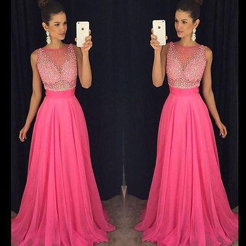 scoop beaded chiffon hot pink long prom dress, PD6216