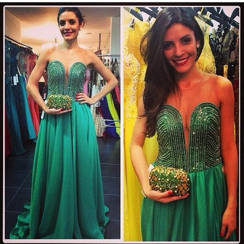 charming formal green beaded sweetheart long prom dress, PD6224
