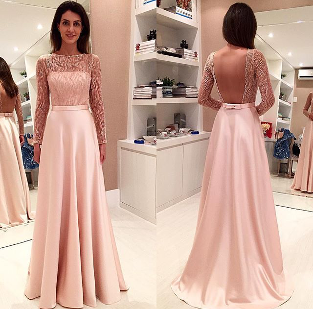 blush pink long sleeves backless long prom dresses, PD8629