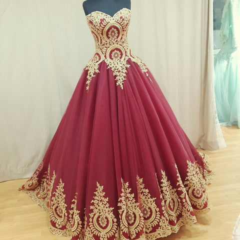charming burgundy A-line lace appliques sweetheart long prom dress, PD6218