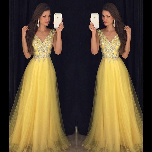 yellow beaded tulle v-neck charming long prom dress, PD8627
