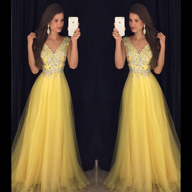 yellow beaded tulle v-neck charming long prom dress, PD8627