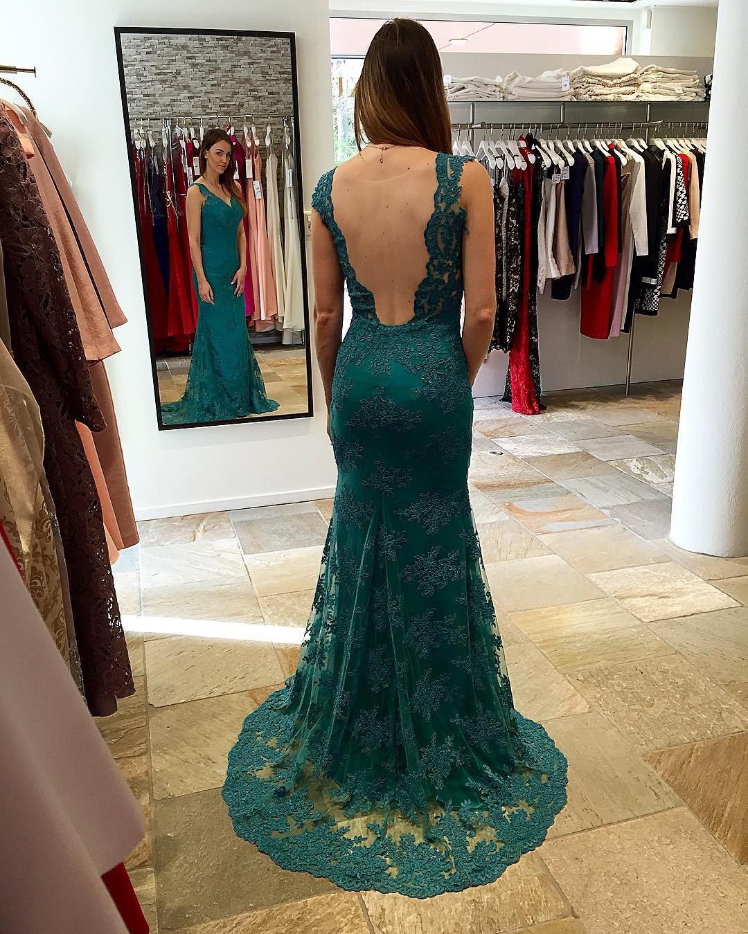 teal green lace mermaid backless formal long prom dress, PD1482