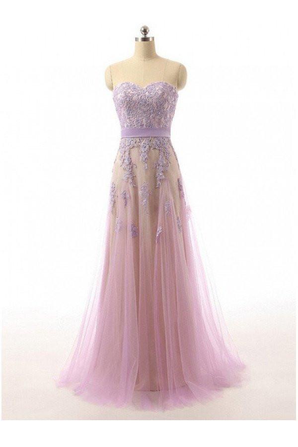 light purple tulle sweetheart long prom dress with lace appliques, PD6225