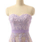 light purple tulle sweetheart long prom dress with lace appliques, PD6225