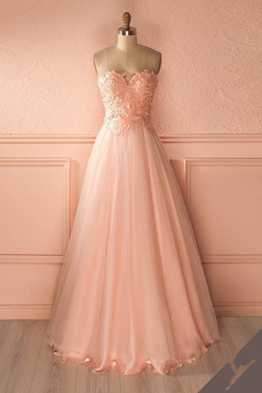 pink tulle A-line long prom dresses, PD7657