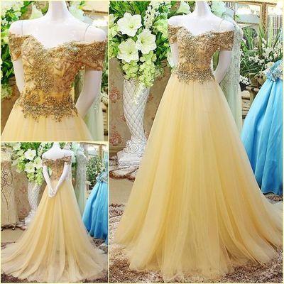 beaded off shoulder tulle A-line daffodil long prom dresses, PD1367