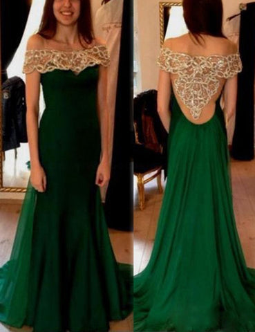 off shoulder beaded green see through back formal long chiffon prom dress, PD1474