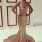 gold sequin spaghetti straps long mermaid formal sparkle evening prom dress, PD3016