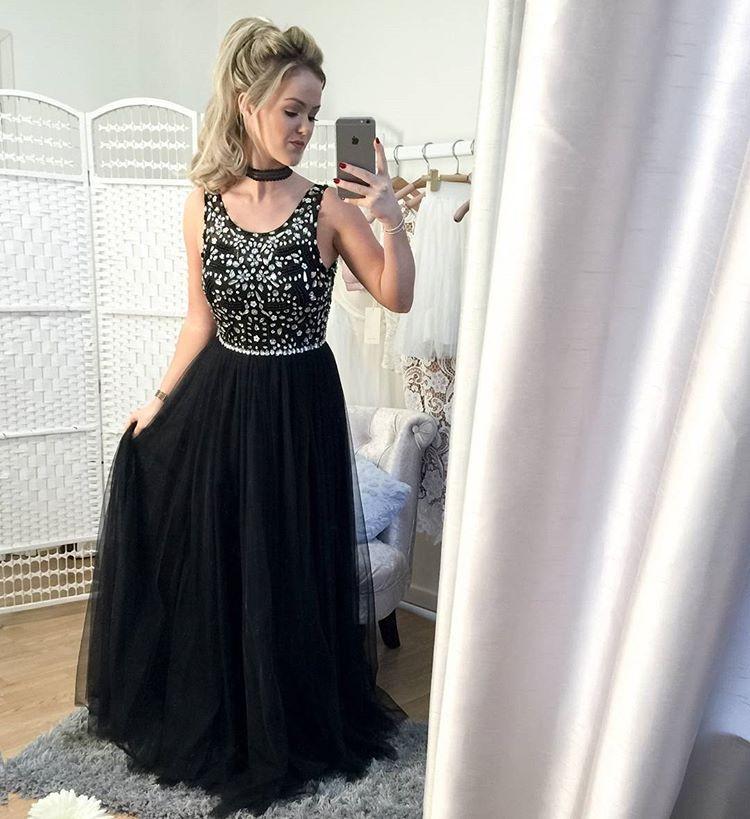 black tulle beaded long prom dresses, PD1479