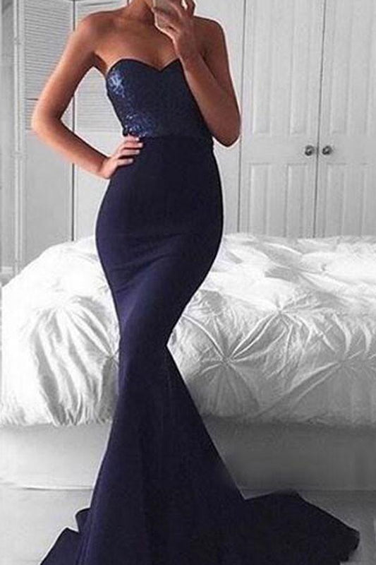 blue mermaid sweetheart sequin top simple long prom dresses, PD1480