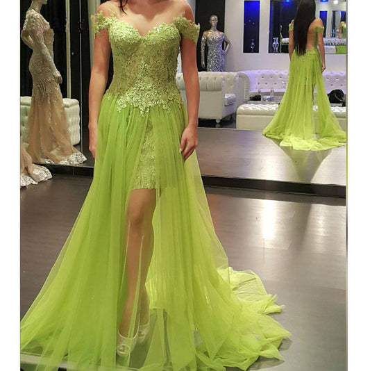 unique off shoulder green lace long prom dress, PD6796
