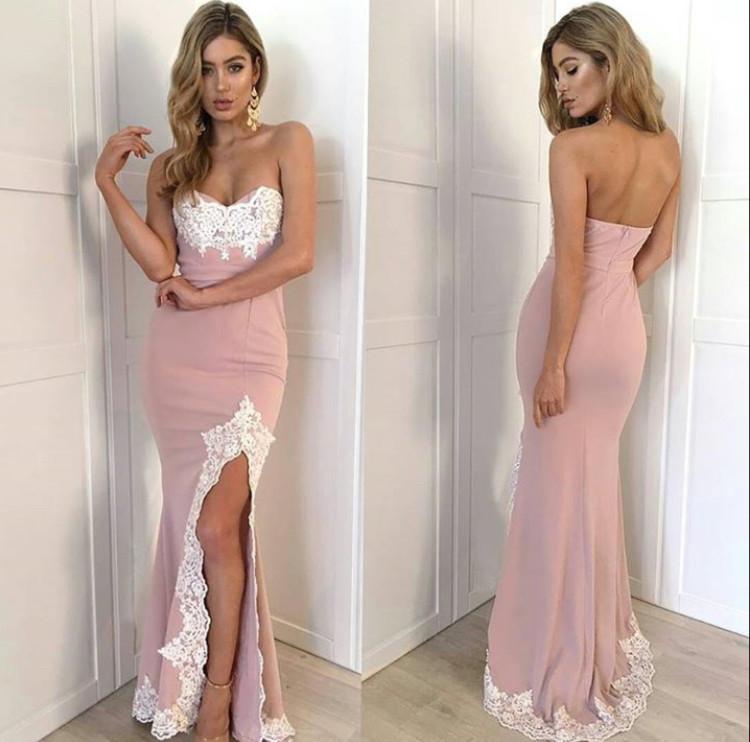 dusty pink mermaid side slit sweetheart lace appliques long prom dress, PD1481