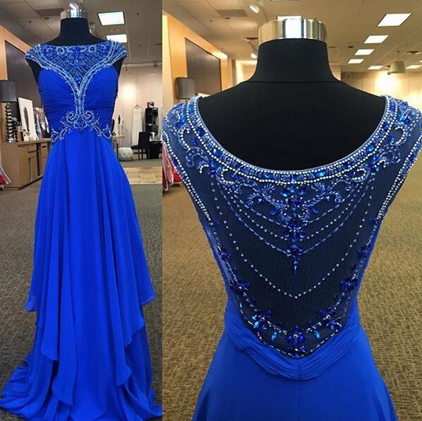 royal blue chiffon beaded cap sleeves long prom dress, PD6797