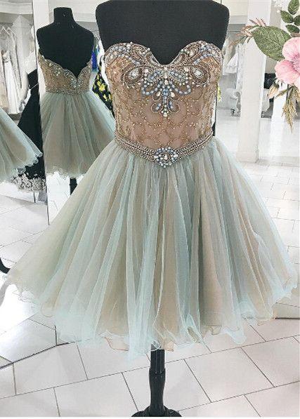 light green beaded sweetheart tulle A-line short homecoming dress, HD4550