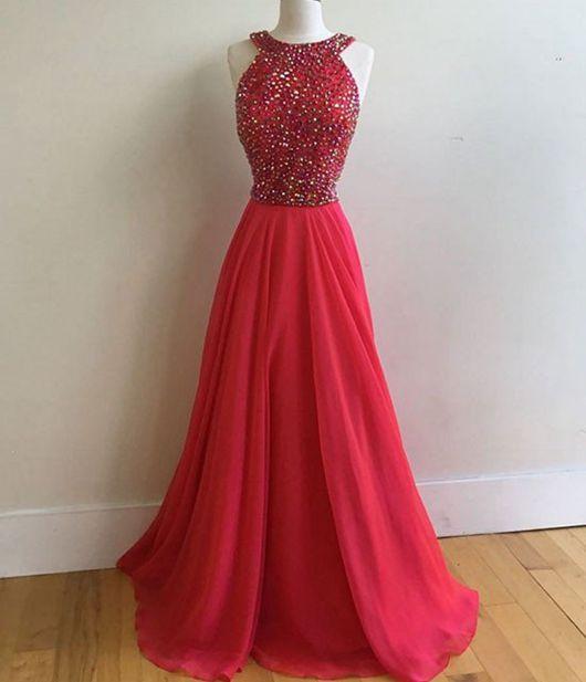 elegant red chiffon beaded long prom dress, PD6798