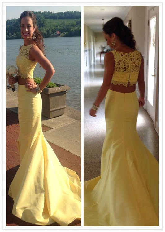 two pieces yellow mermaid lace long prom dresses, PD6573