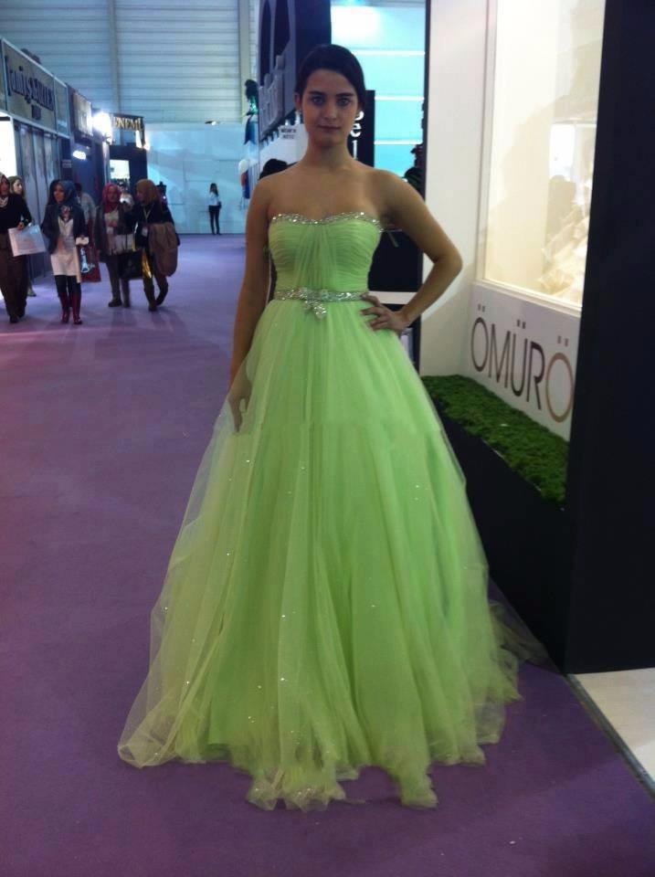 light green strapless tulle A-line long prom dress for girls, PD56570
