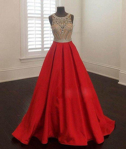 A-line round neck red satin beaded long prom dress, PD6800