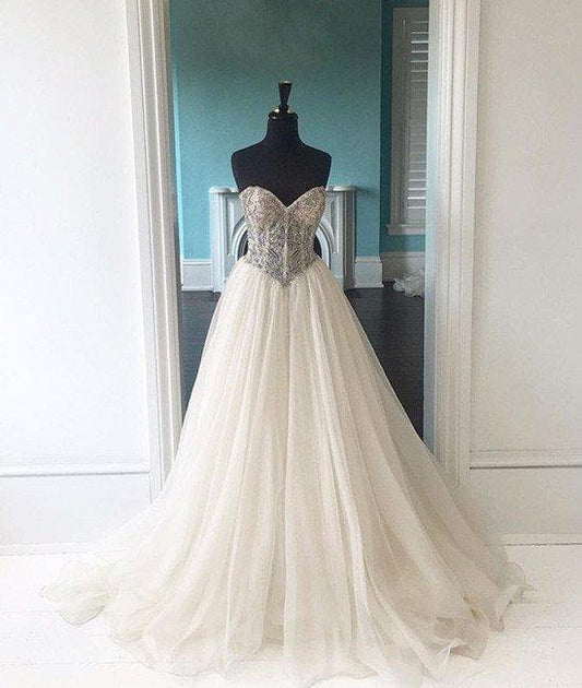 formal A-line strapless beaded tulle white long prom dress, PD56569