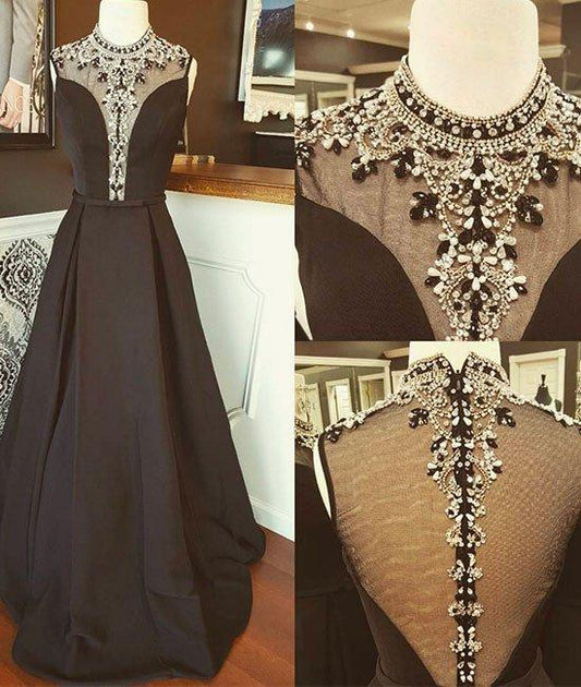 round neck A-line black satin beaded long prom dress, PD4491
