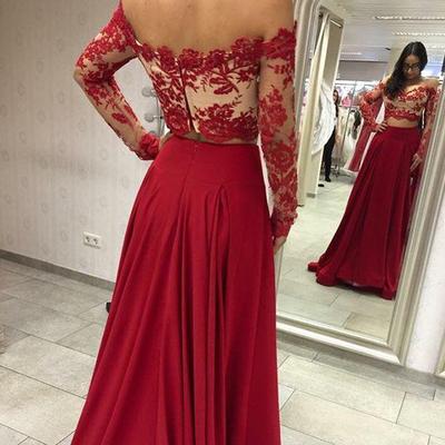 off shoulder two pieces red lace top long sleeves long prom dress, PD56566