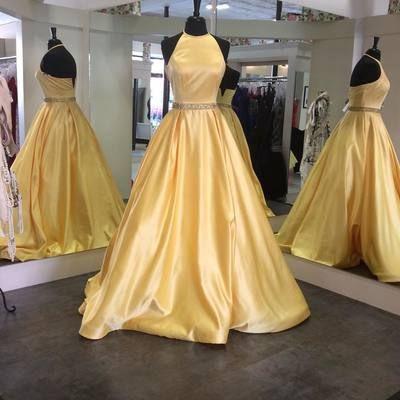 long A-line halter yellow satin simple prom dress, PD3015