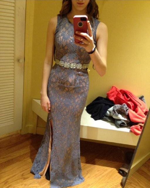 grey lace mermaid side slit formal long prom dress, PD6572