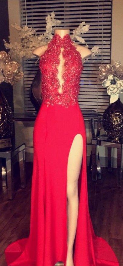 formal high neck red side slit long prom dress, PD9980