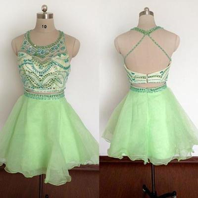 Green two pieces short beaded short homecoming dress, BD39762