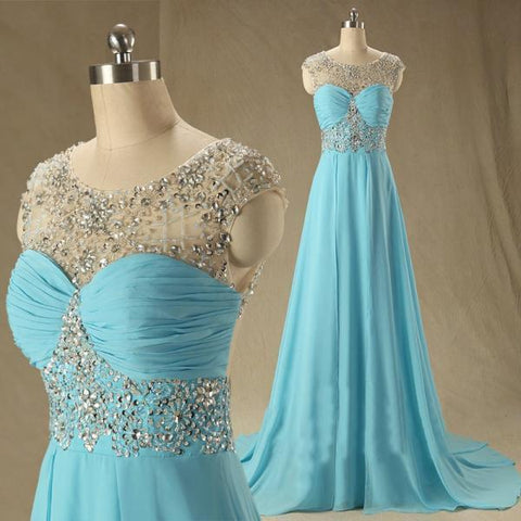 blue prom dress, long prom dress, chiffon prom dress, prom dress, beaded prom dress, BD393