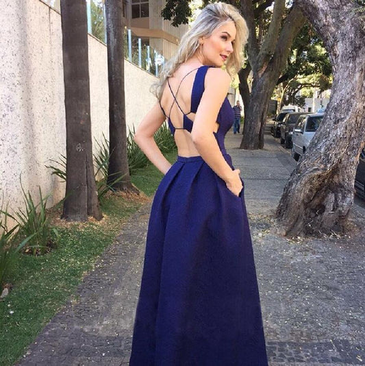 sexy v-neck open back royal blue long satin prom dress, PD7425