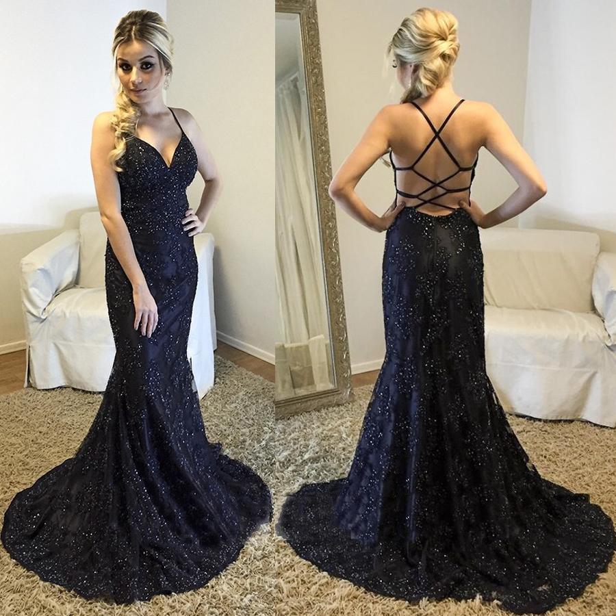 spaghetti straps formal black lace mermaid long prom dress, PD7424