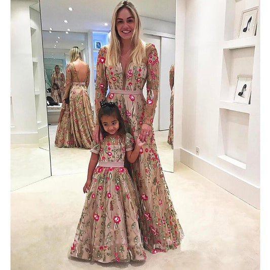 modest long sleeves long embroidered prom dress, PD7427