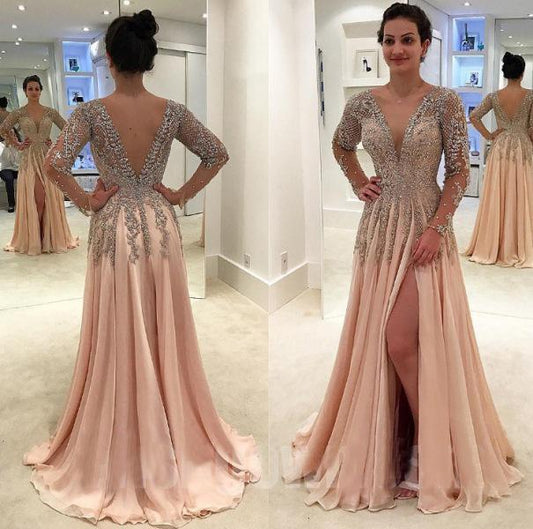 v-neck long sleeves side slit long beaded prom dress, PD7426