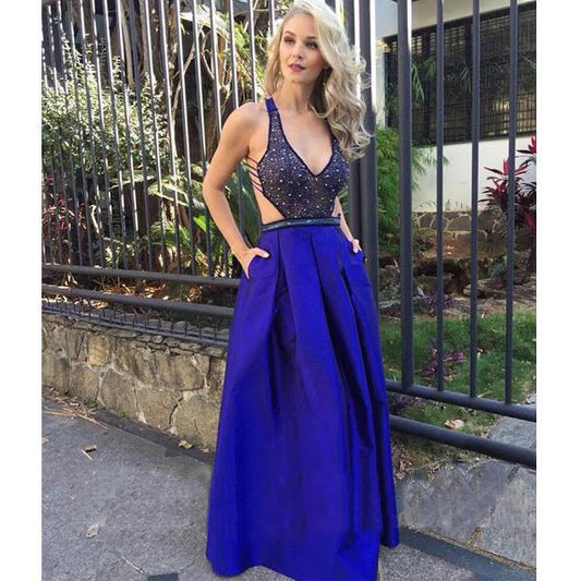 sexy v-neck open back royal blue long satin prom dress, PD7425