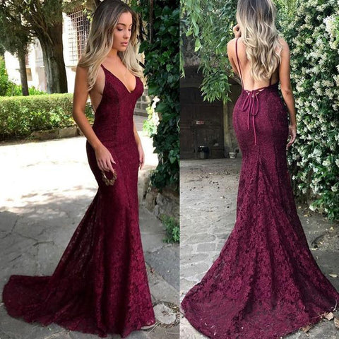 formal spaghetti straps mermaid backless burgundy lace long prom dress, BD4457