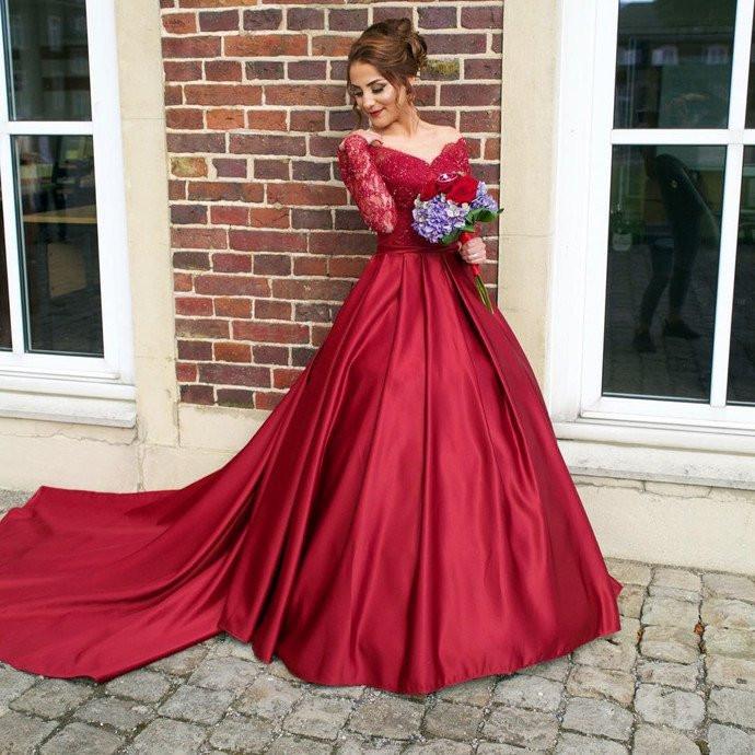red prom dress, long prom dress, A-line prom dress, lace sleeves evening gown, prom dress with train, BD387