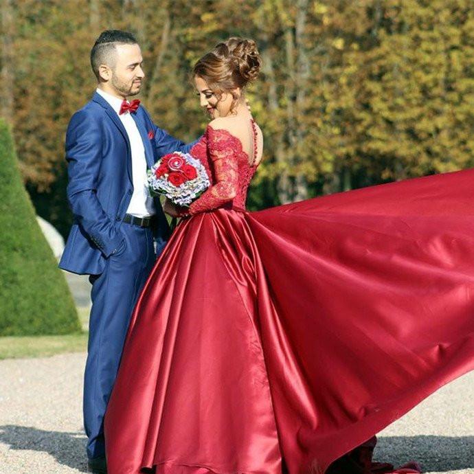 red prom dress, long prom dress, A-line prom dress, lace sleeves evening gown, prom dress with train, BD387